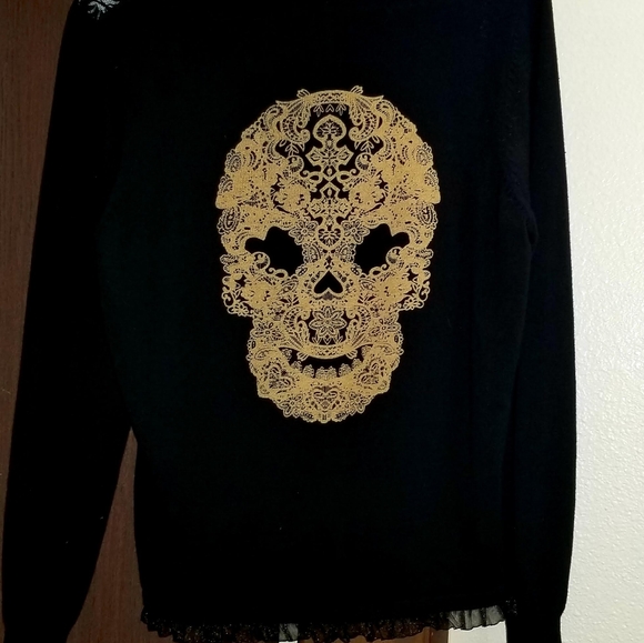 Black lace front ( see through ) Cardigan with skull on the back. - Picture 1 of 6